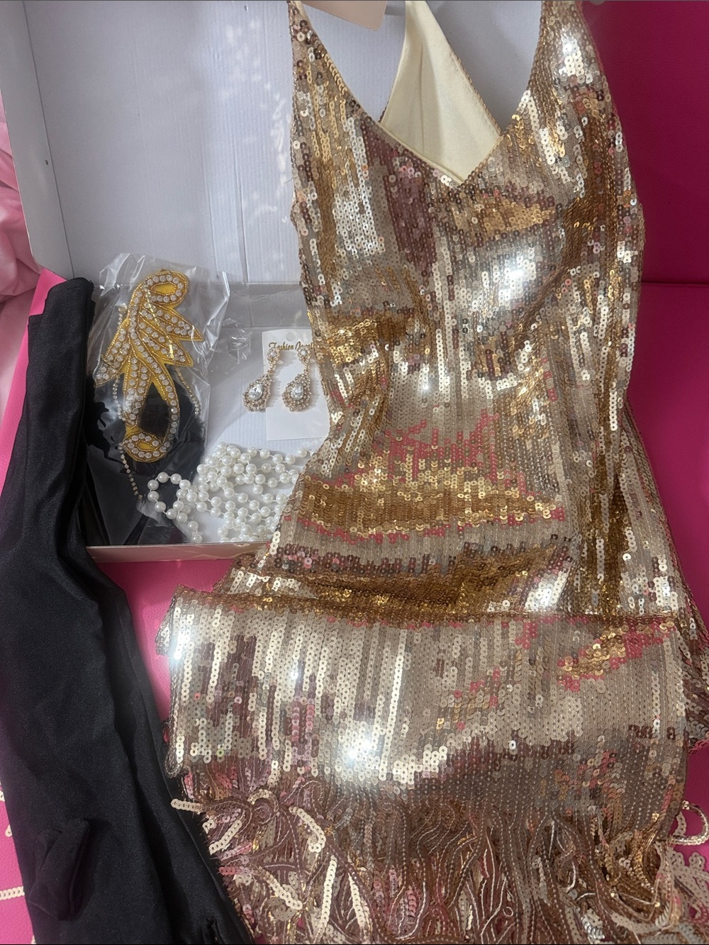 Gold Sequin Fringe Cocktail Dress